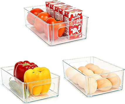 HanYun Fridge Organisers, Storage Box, Kitchen Organisers Set Pantry Storage Container Transparent Container for Fridge Bedroom Kitchen Office Pack of 3