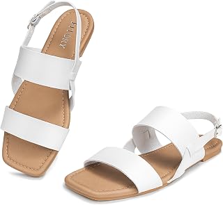 FITORY Flat Sandals for Women 2026 Comfortable Dressy Summer Beach Slides | Square Open Toe,Adjustable Buckle,Slingback Strap,Soft Cushioned Footbed,Casual Walking Vacation Sandals