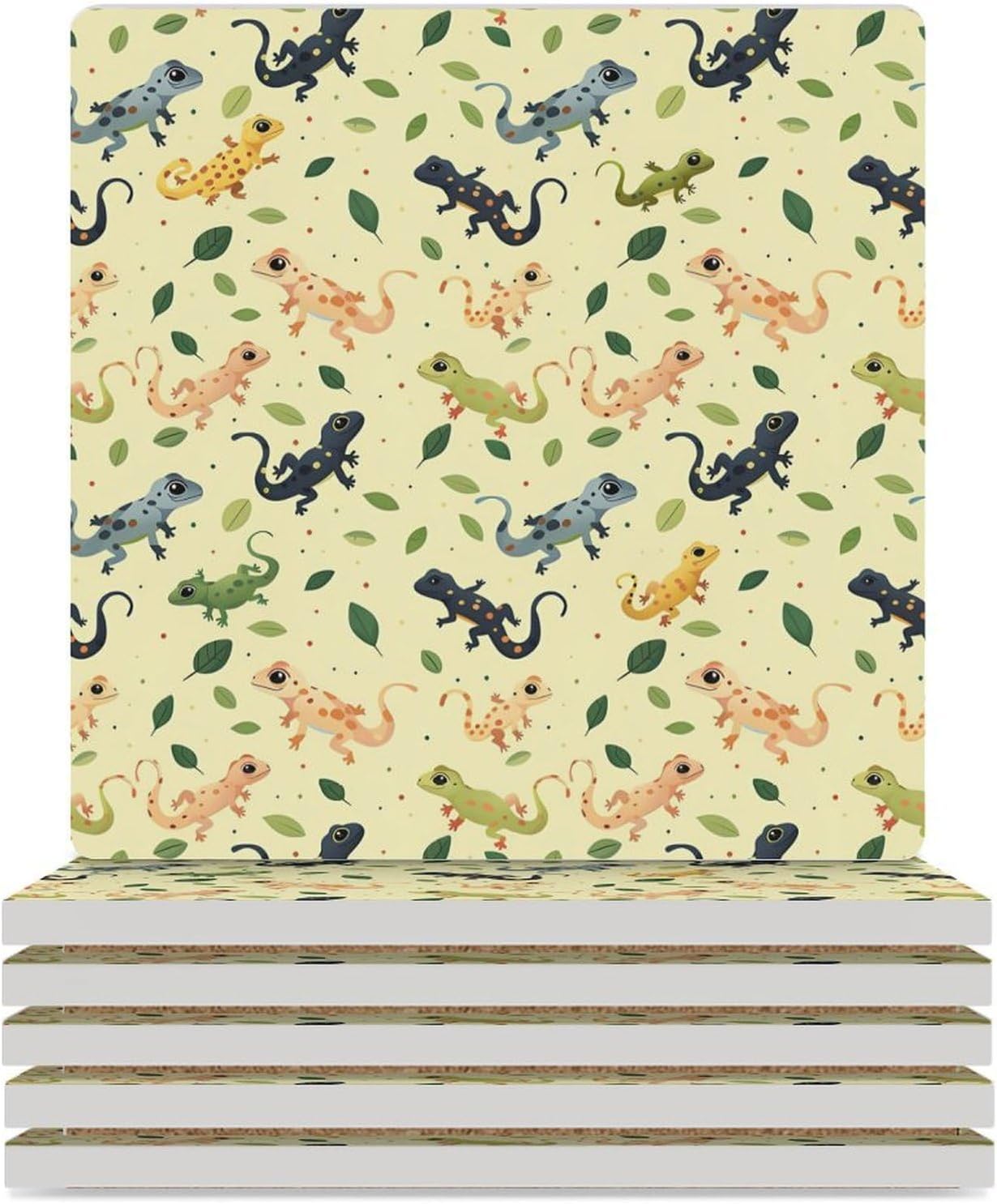 Spring Geckos Coaster for Drinks Square Ceramic Table Coasters Stone Mat Crafts 4PCS Home Kitchen Decor