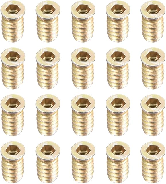 sourcing map Wood Furniture M6x20mm Threaded Insert Nuts Interface Hex Socket Drive 20pcs