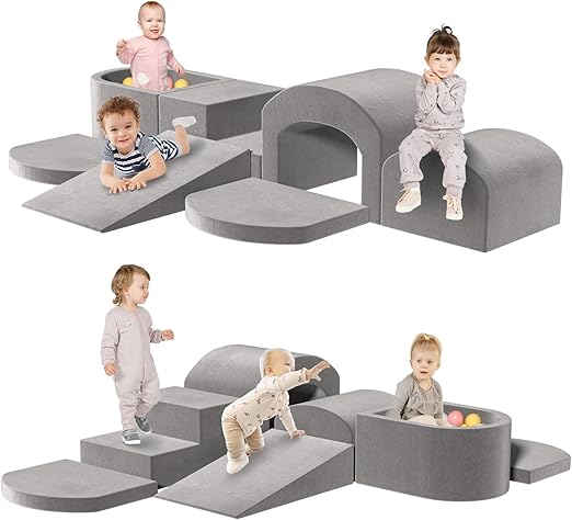 Indoor Toddler Climbing Toys with Foam Ball Pit, 7-Piece Foam Climbing Blocks for Toddlers, Inside Crawling & Sliding Soft Play Set for Toddlers