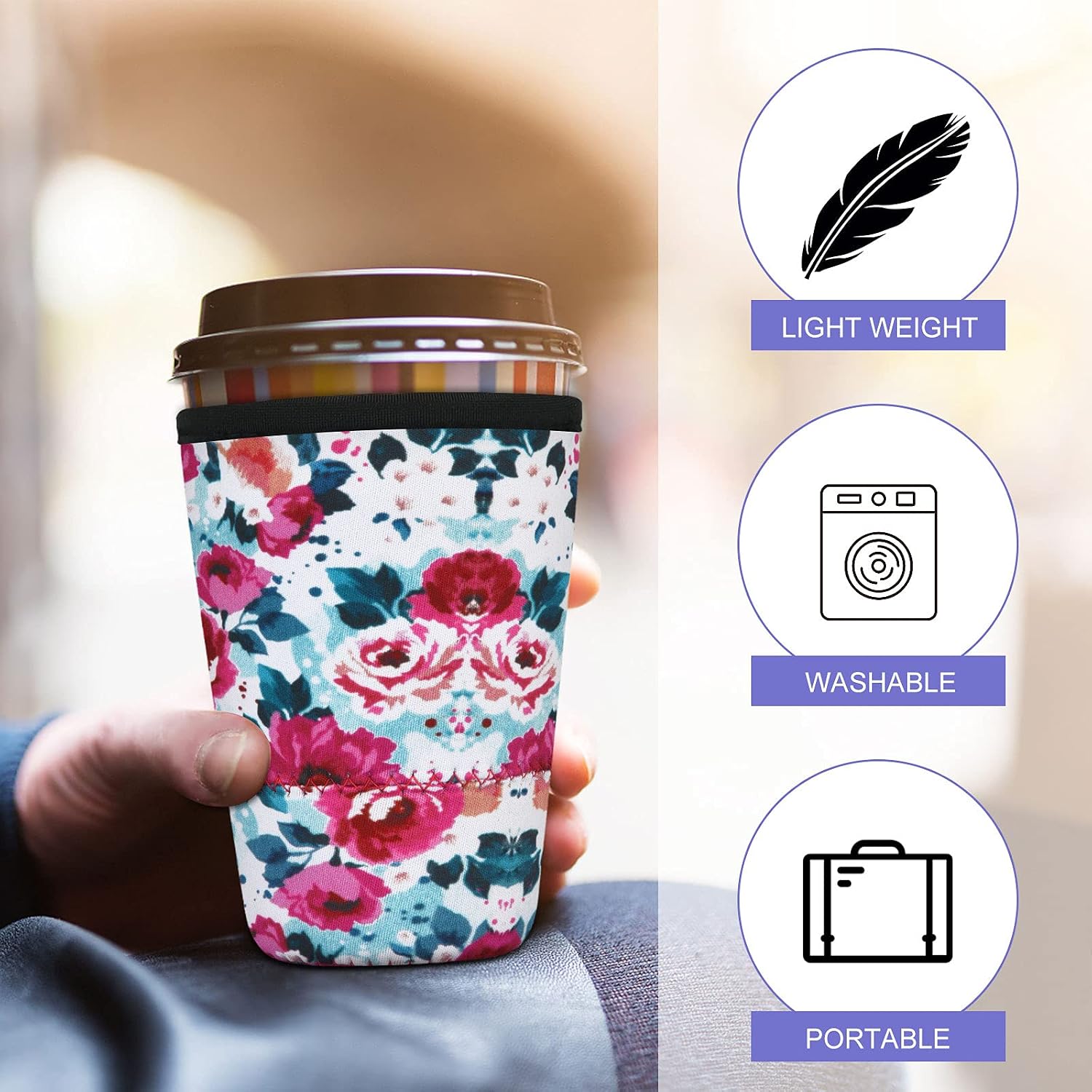 2 Pack Iced Coffee Sleeves, Reusable Neoprene Iced Coffee Cup Sleeves, Insulator Sleeve for Beverages, Cold Drink Cup Sleeve for Starbucks Coffee, McDonalds (2 Pack with 18oz, Blush Floral)
