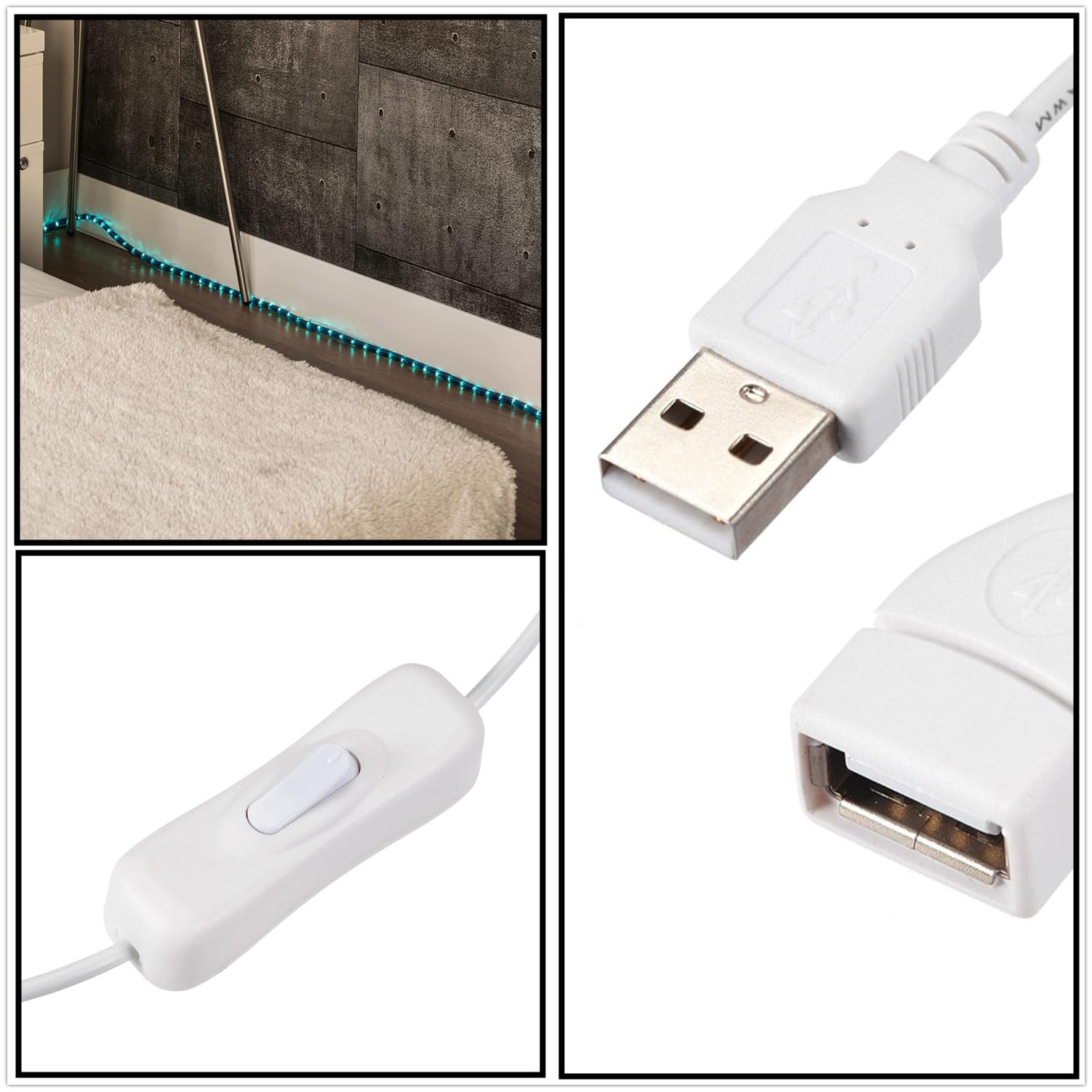 Cavo interruttore on/off USB maschio a femmina con controllo basculante in linea per registratore da viaggio, lampada da scrivania a LED, ventola, striscia LED nera (bianco