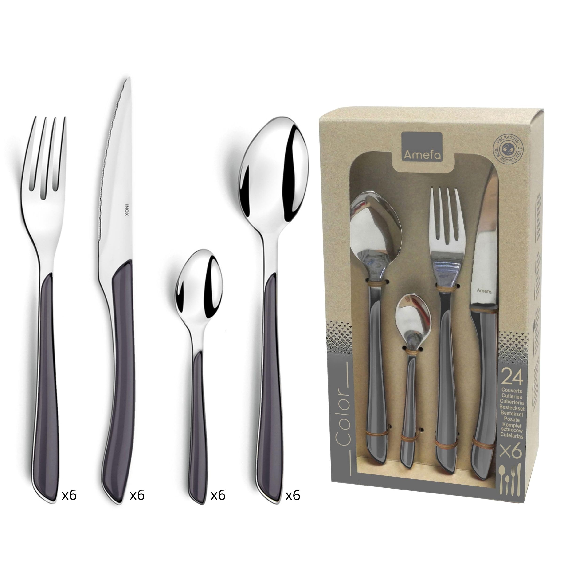 AMEFA - Ménagère 24 couverts de table pour 6 personnes - Eclat - Acier inoxydable 18/​0, Finition Brillante - Gris