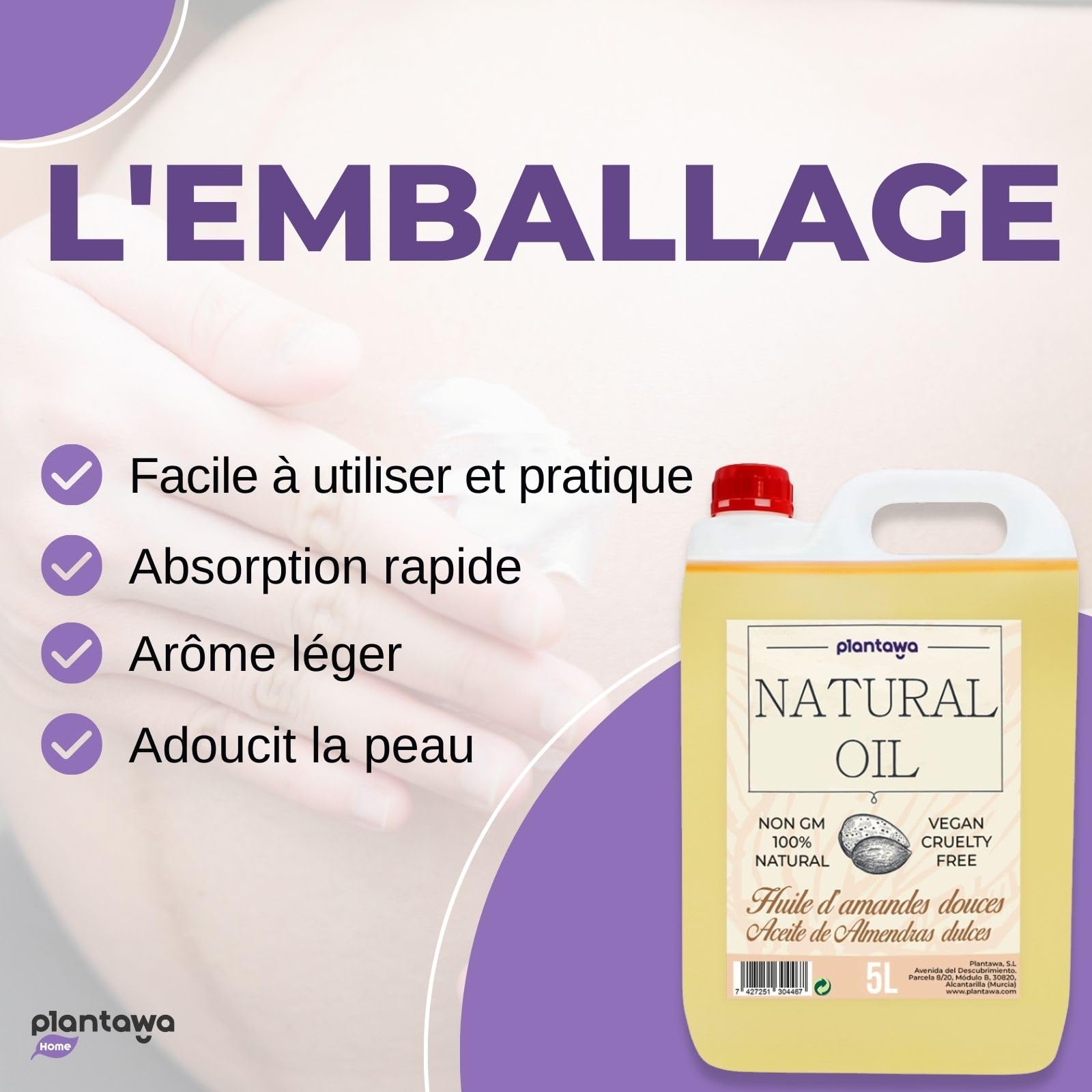 PLANTAWA Huile d'amande douce, Pack économique, kit professionnel, massage, 5L, hydrate, peau, oreille, cheveux, grossesse, pour visage, apporte de la vitamine E, durable, 5000 ml