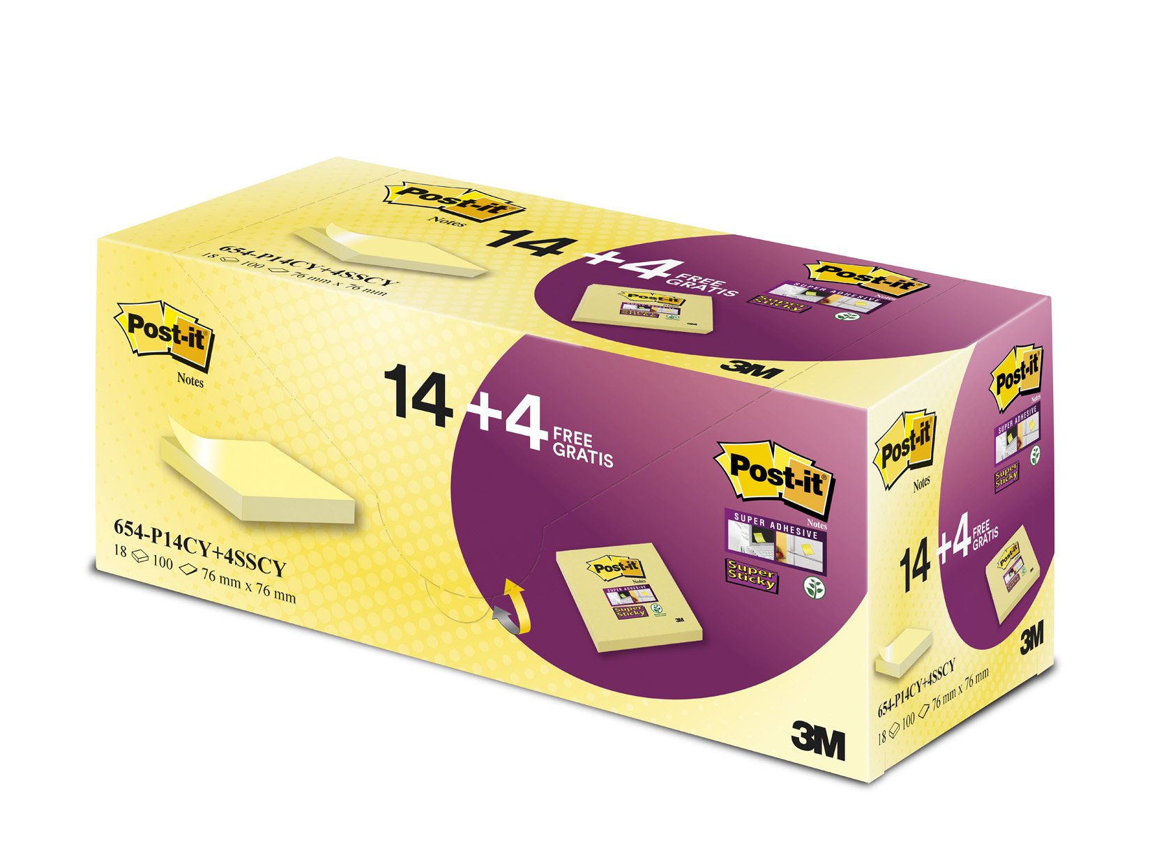 Post-It Super Sticky Foglietti Promo Pack di 14 + 4 Gratis, 76 x 76 mm, Giallo Canary - Per Appunti, Elenchi & Promemoria