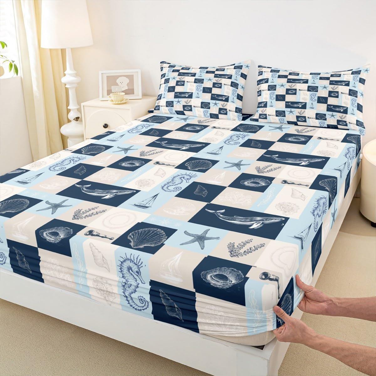 Ocean Coastal Theme Fitted Sheet Queen Size,Navy Blue Geometric Plaid Patchwork Grid Bedding Set Whale Conch Seahorse Starfish Coral Bed Sheet 3Pcs,Undersea World Deep Pocket Sheet,2 Pillowcases