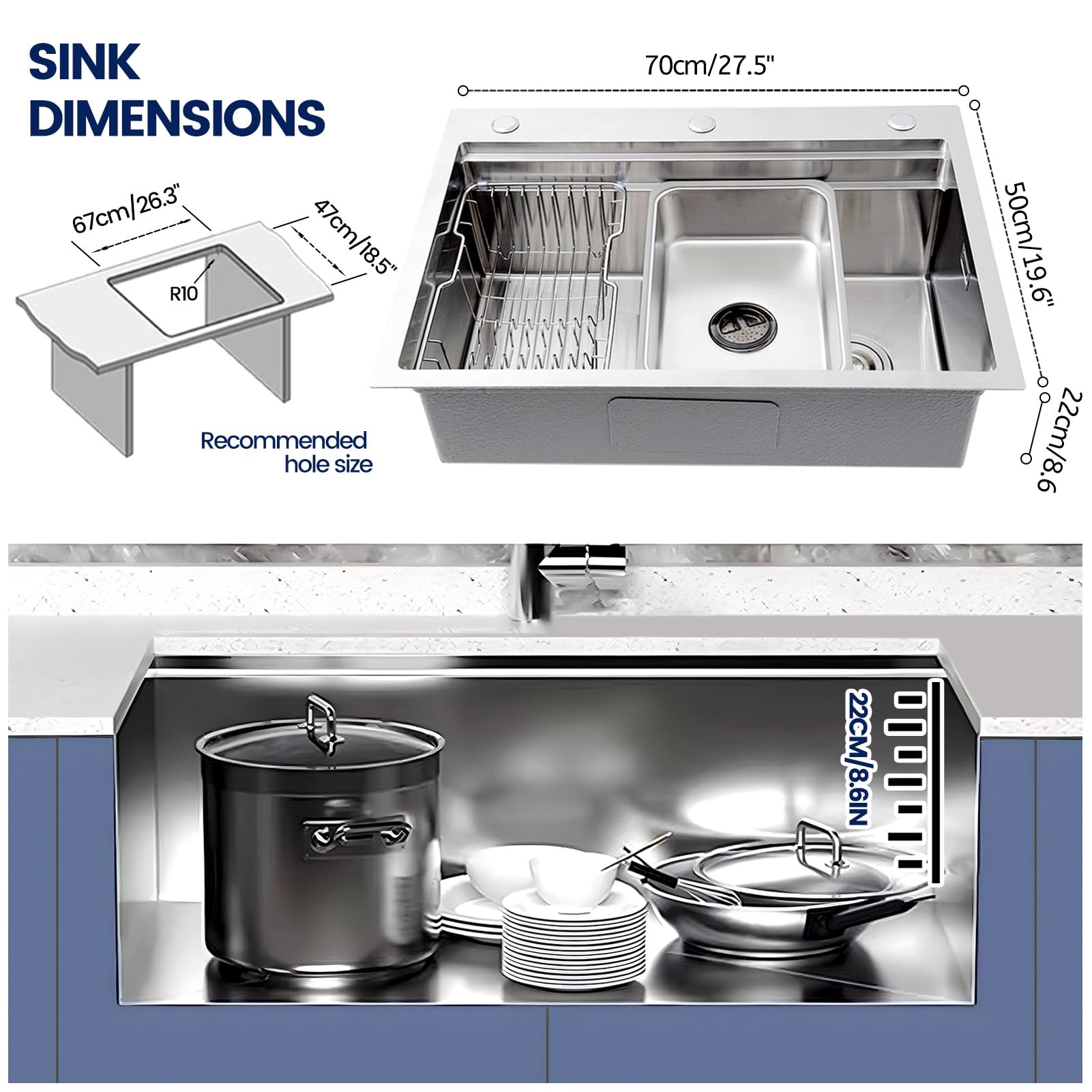 Fregadero de Cocina de Acero Inoxidable 304, con Kit de desagüe, Fregadero Grande de un Solo Seno para Barra, Color Plata, para instalación empotrada o bajo encimera (B, 70x50x22cm