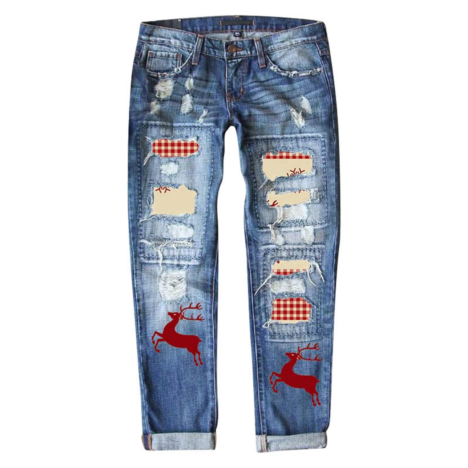 Genérico Pantalones Vaqueros para Mujer Elásticos Bolsillos Bootcut Mezclillas Bolsillo Deportes Campana Elefante Monocolor de Tiro Recto con Diseño Estampado Navidad