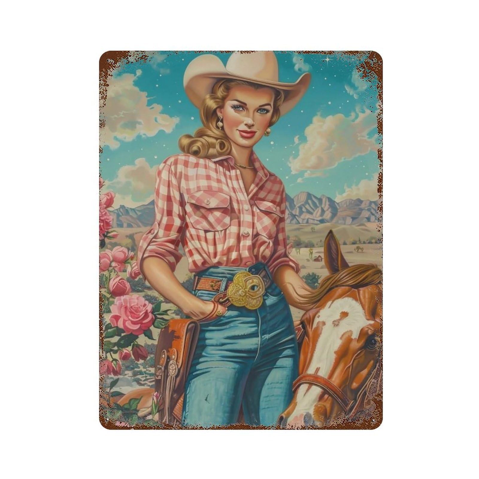 YHGERTKU Western Cowgirl & Horse 04 Wall Art Retro Iron Vintage Metal Tin Sign Poster Modern Decor for Living Rooms Gift 40x30cm