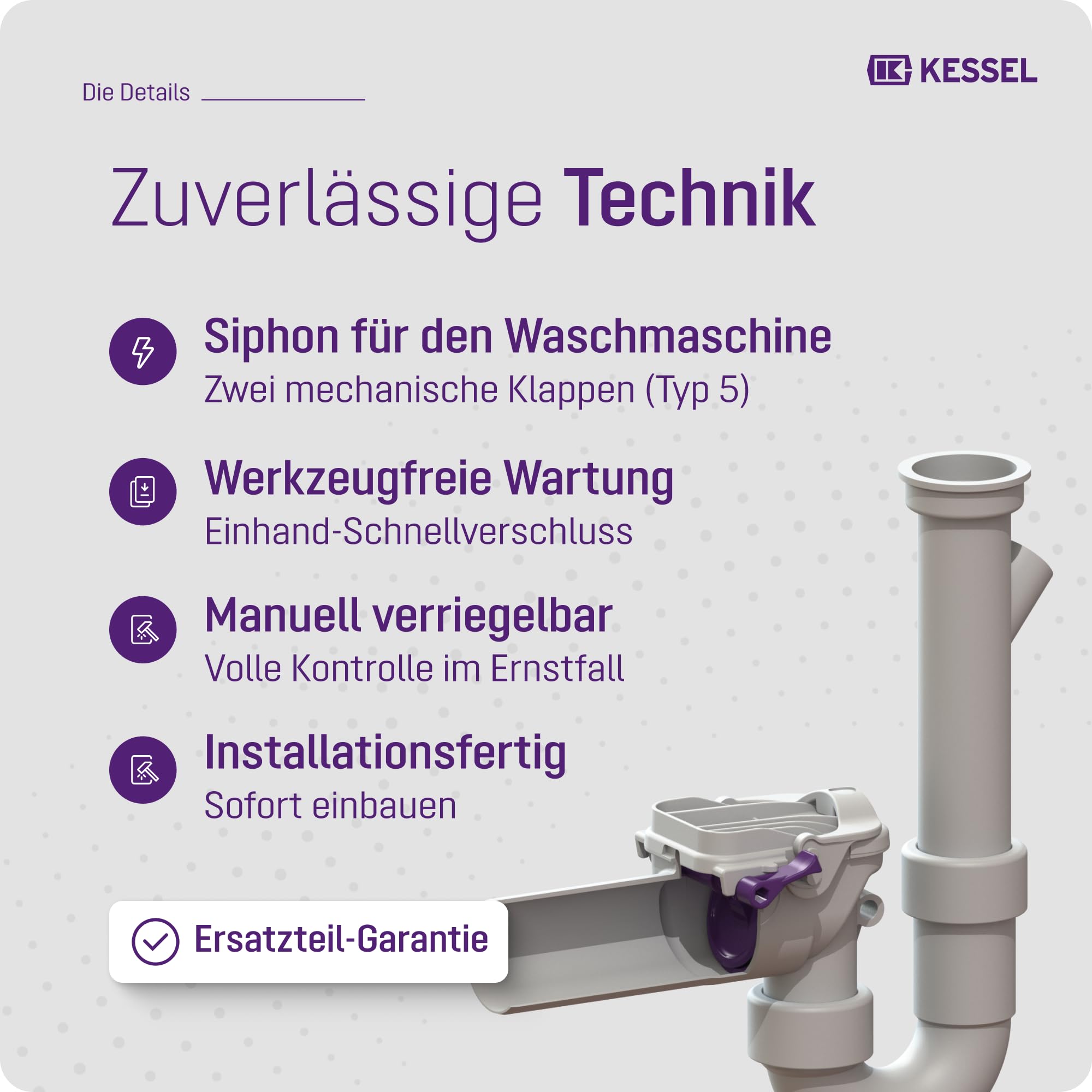 Kessel 73052 Rückstauverschluss Staufix Siphon für Waschmaschine, Kunststoff, Falle | Rückstausicherung für fäkalienfreies Abwasser, 2 Klappen + Notverschluss, korrosionsfreier Kunststoff, EN 13564