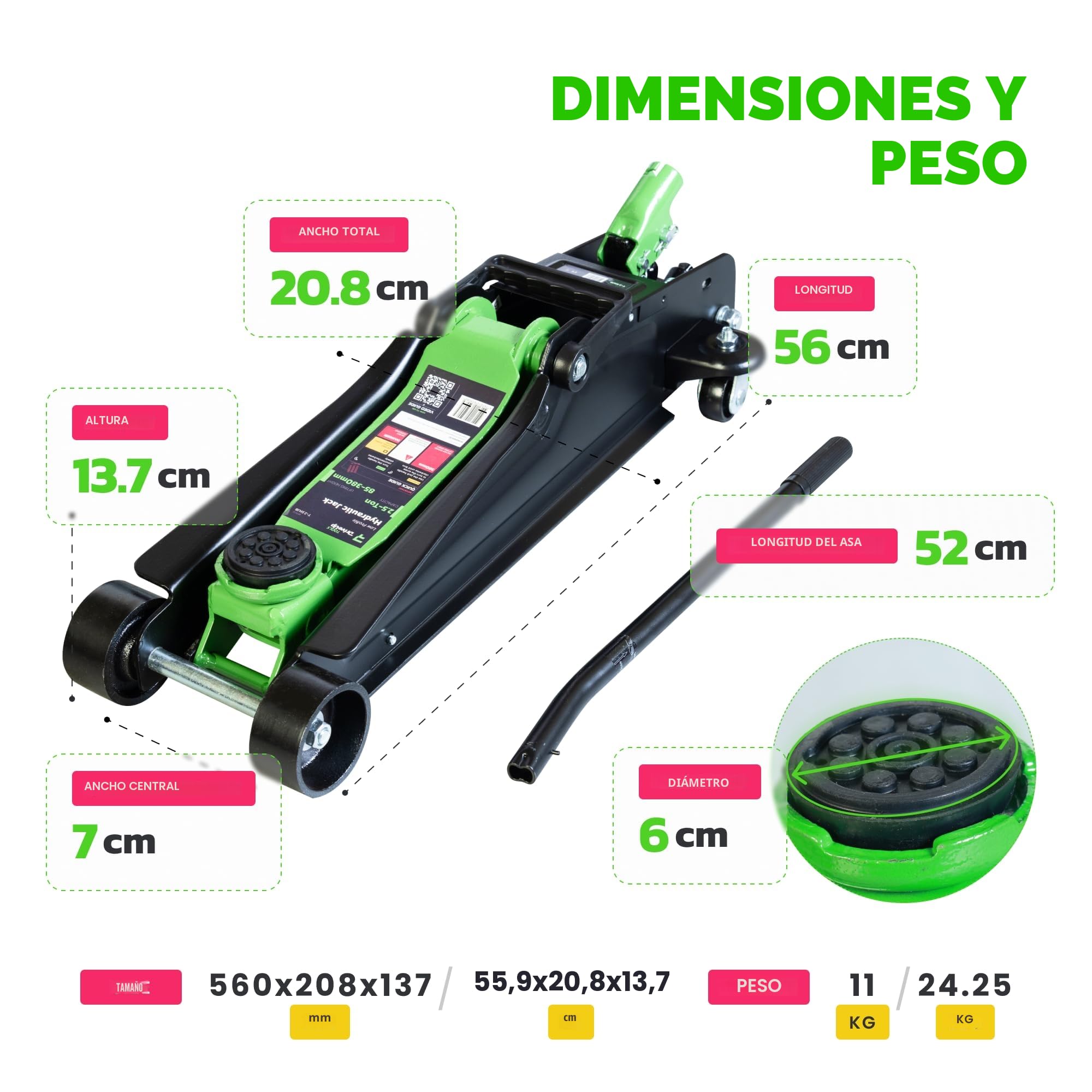 Gato Hidráulico de Carretilla 2,5 T (2500 kg) – Perfil Bajo, Altura 85-380 mm – Elevación Rápida, Almohadilla de Goma y Ruedas 360° – Gato para Coches y SUV, Ideal para Cambio de Rueda