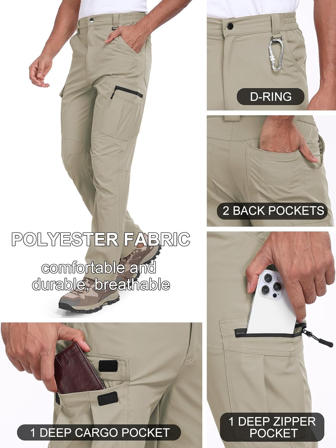 Men's Hiking Cargo Pants Water Resistant Quick Dry Lightweight Fishing Camping Cycling Travel Outdoor Pants - Image 3