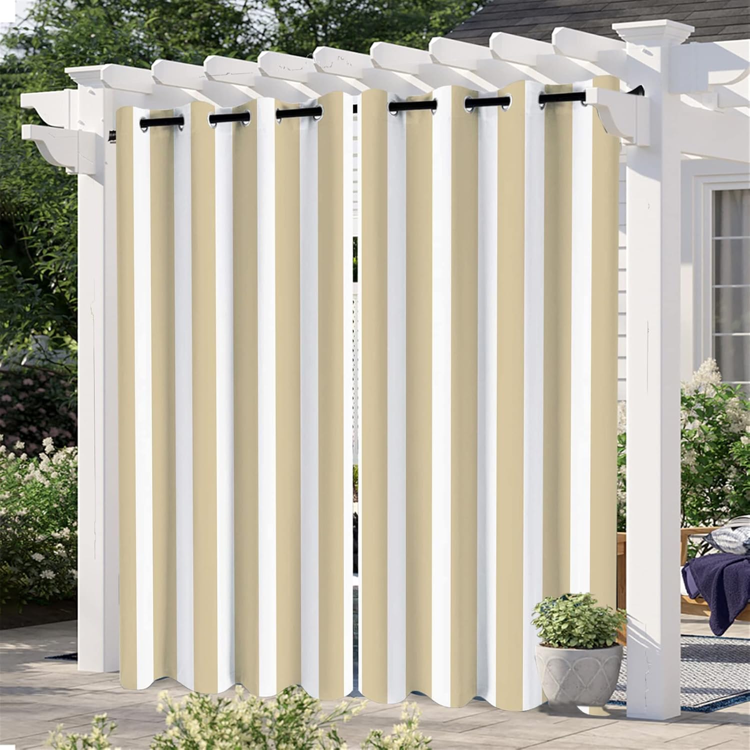 Set of 2 Panels Waterproof Outdoor Curtains Stripe Patio Shade Sun Blocking Grommet Curtains for Patio,Bedroom, Porch, Living Room, Pergola,Gazebo,Sliding Door 41 x 105 Inch Khaki