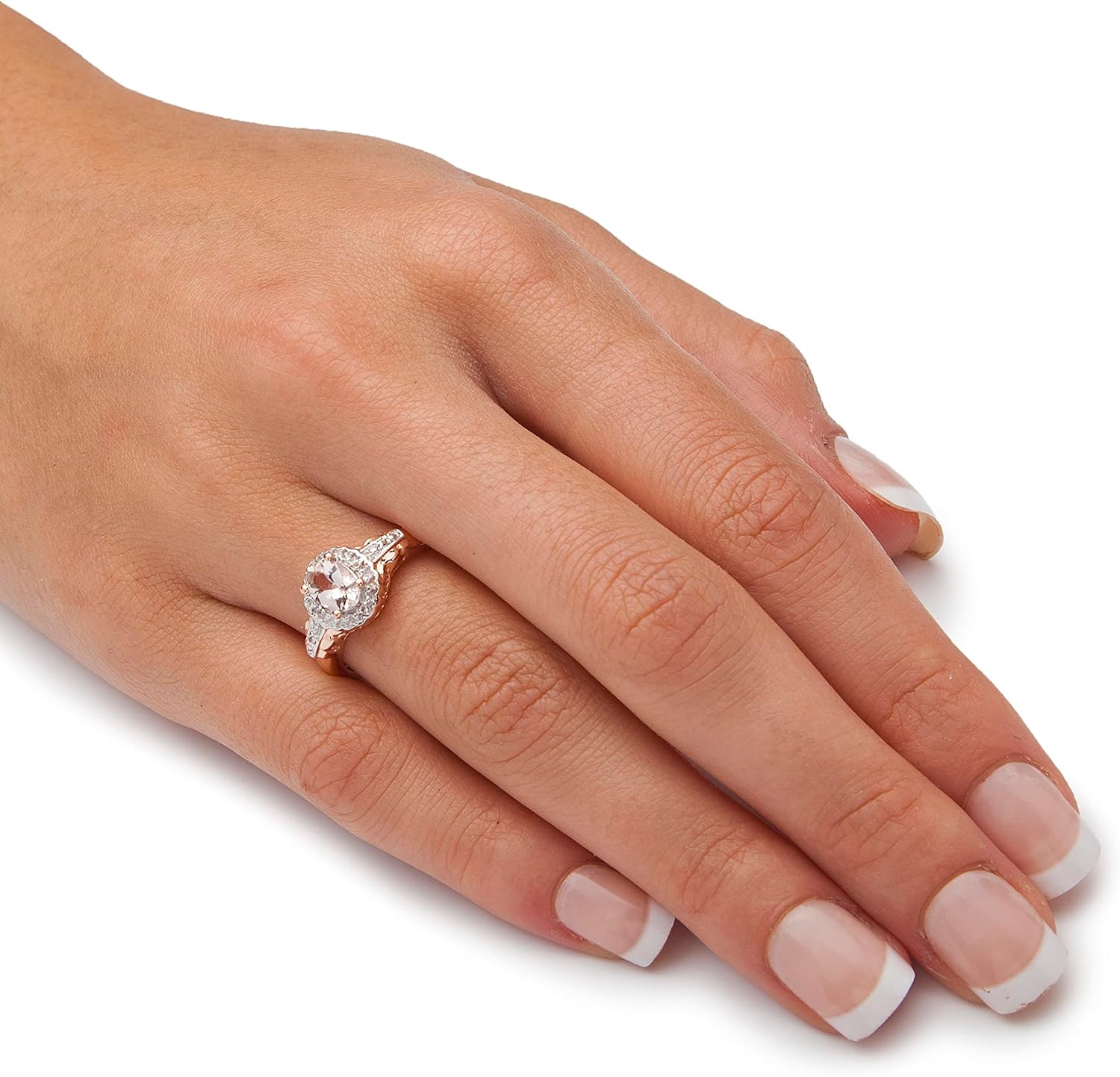 PalmBeach Rose Gold-plated Sterling Silver Oval Cut Genuine Peach Morganite and Round Genuine White Topaz Ring Sizes 6-10