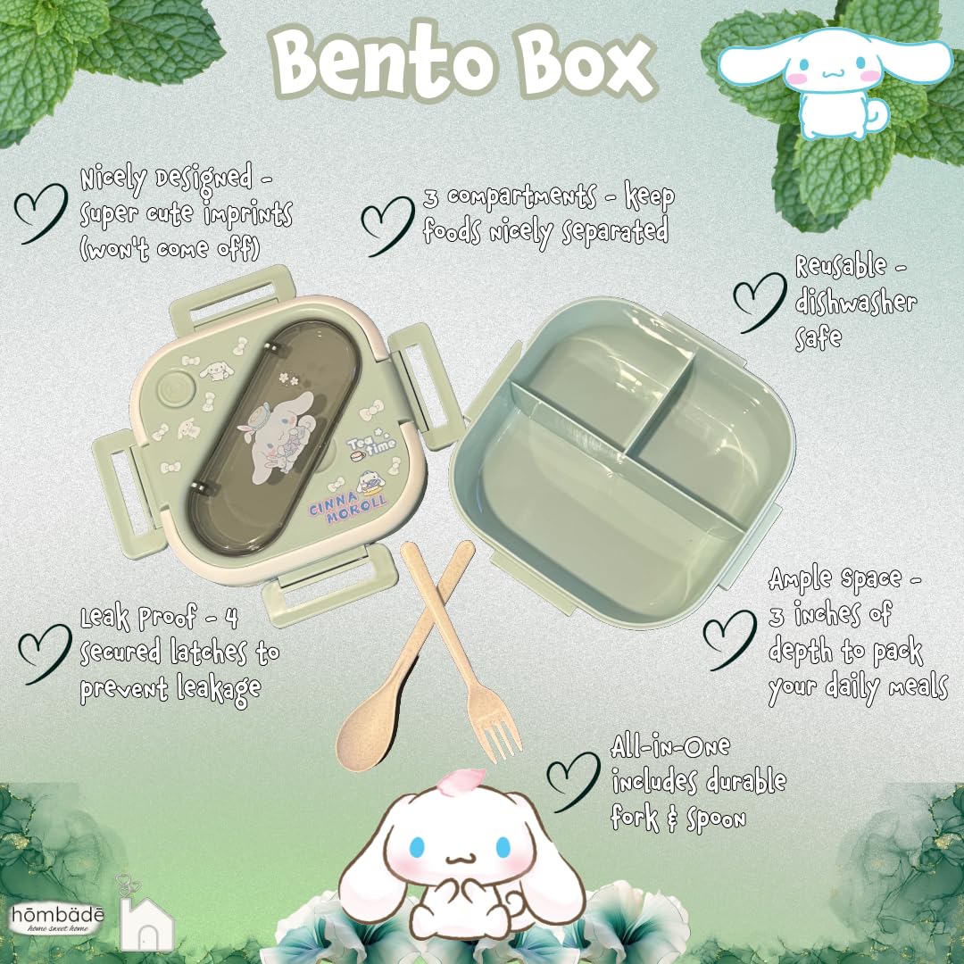 hombäde Bento Lunch Box Container Set with 3 Compartments Portable Personal Sealed Plastic Utensils Food Container Cute Kawaii Anime Kitty Bunny Dog (Blue Roll)