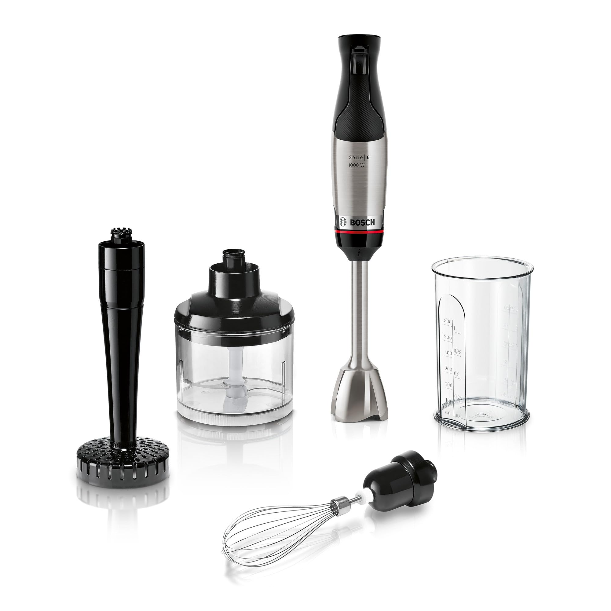 Bosch - Batidora de mano, ErgoMaster Serie 6, 1000 W, Cuchillas de acero inoxidable QuattroBlade System Pro, Acero inoxidable, MSM6M623