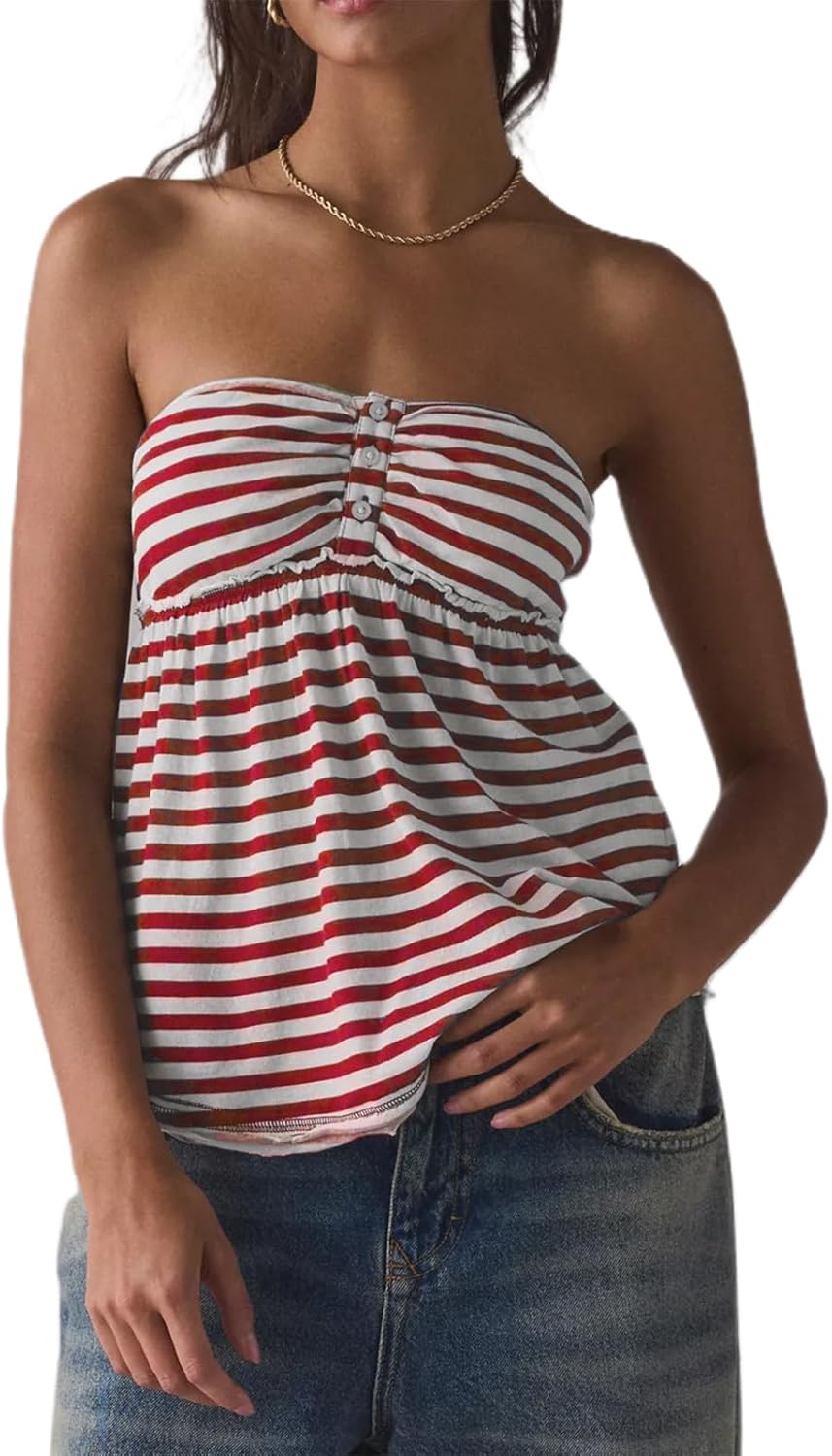 Women Sexy Strapless Babydoll Tops Striped Button Peplum Blosue Shirts Y2K Backless Tube Top Streetwear