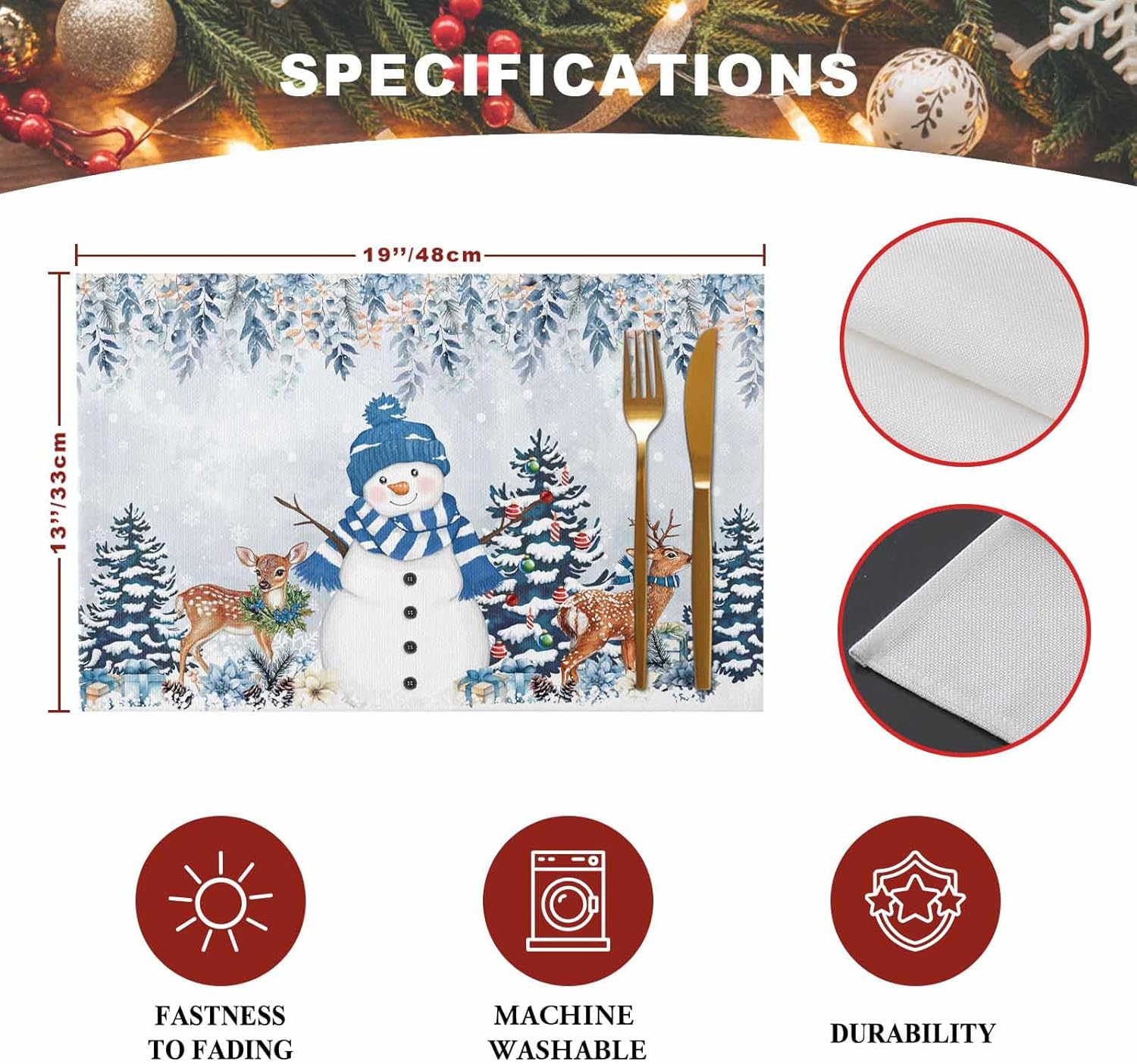 Christmas Placemat Snowman Reindeer Non-Slip/Wipe Clean Linen Dining Table Mat Set Flower Leaf Berry Snowflake Heat-Resistant Table Liner for Holiday/Party, Table Decoration Anniversary Set of 8