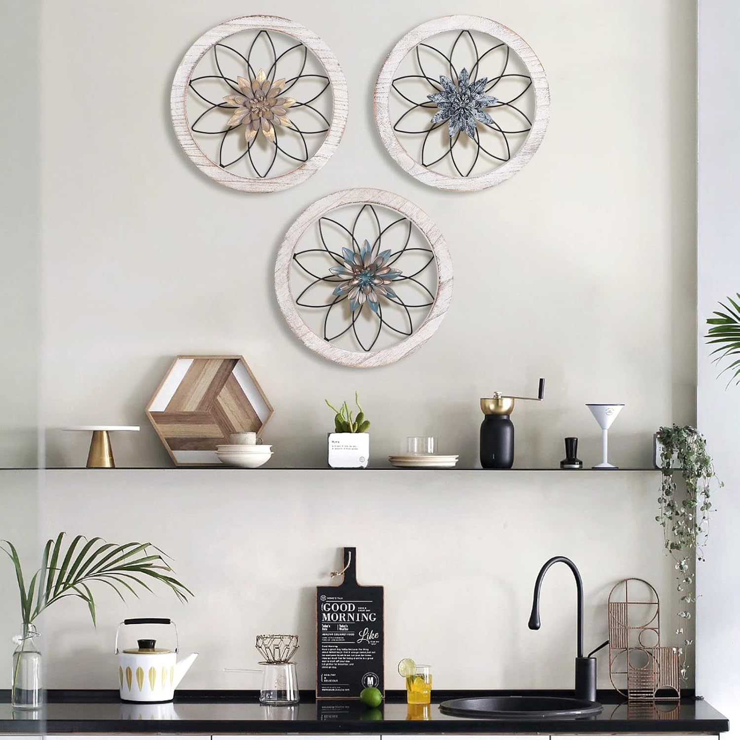 Horse 3 Pieces Ultra-thick Farmhouse Rustic Wall Decor, Wooden Frame Iron Flower Farmhouse Hanging Decoration for Outdoor,Bedroom, Living Room, Bathroom, Kitchen,Indoor