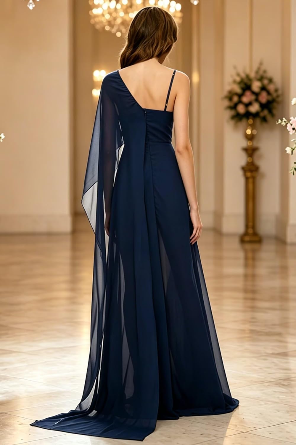 kosoze One Shoulder Chiffon Bridesmaid Pantsuit with Cape Sleeve 2026 Formal Wide Leg Long Pants Rompers for Wedding Guest