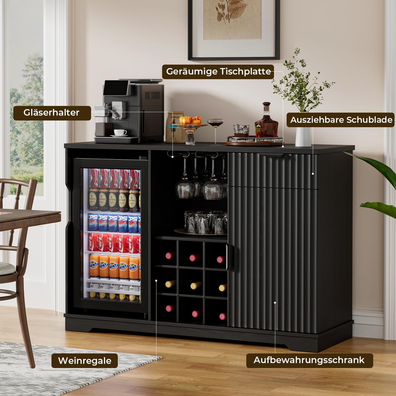 Kaffeebar-Schrank mit integriertem Kühlschrank, geriffelter Weinschrank mit Weinregal & Gläserhalter, Buffet Sideboard mit Spirituosenschrank, Schublade & Stauraum, Hausbar, Schwarz
