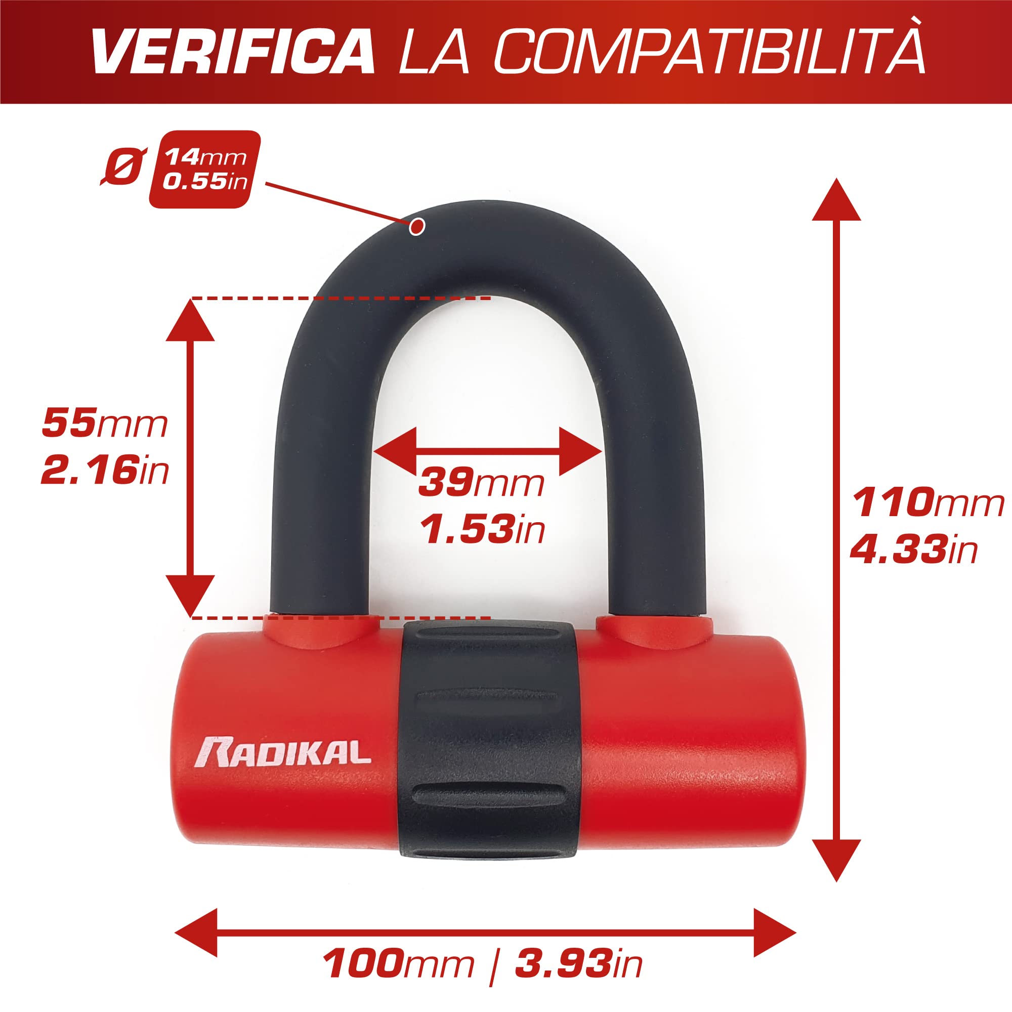 Radikal RK72120L Antifurto Moto Doppia Funzione 2 in 1 Catena Sistema ad Anello 120 cm e Mini U 14mm blocca Disco