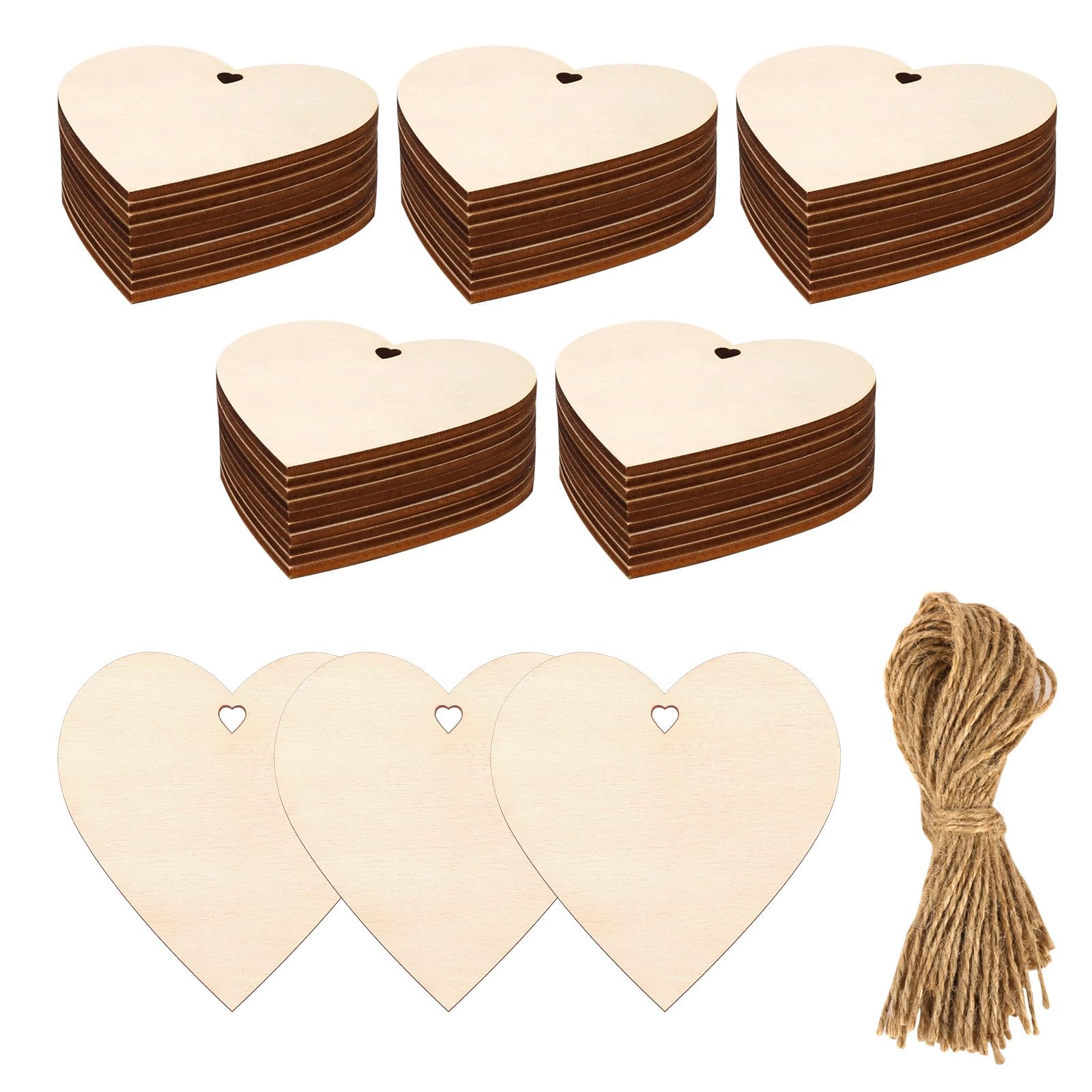 WYKOO 50 Pcs 3 Inch Natural Heart Wood Slices DIY Wooden Ornaments Unfinished Wooden Heart Embellishments with Natural Twine for Valentine's Day,
