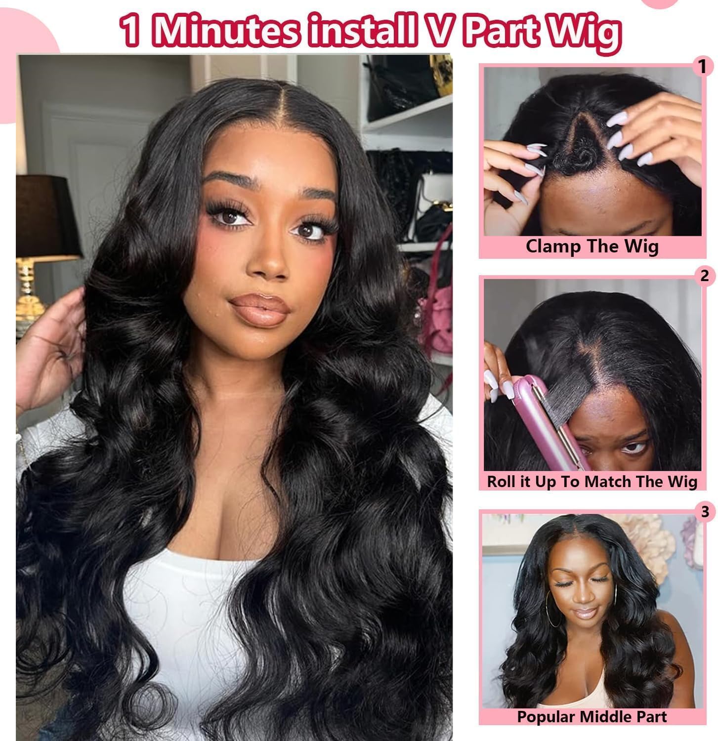 20 Inch V Part Wig Human Hair Body Wave Upgrade U Part Human Hair Wig Beginner Friendly Clip In V Shape Wigs for Women Natural Black Color