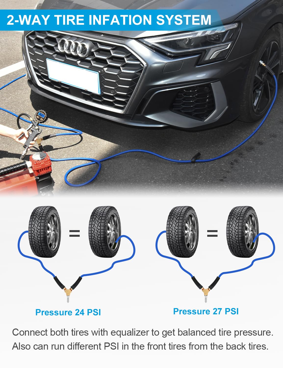 Manguera de inflado de neumáticos de 2 vías de 1/4 pulgadas x 8.2 pies, manguera de compresor de aire resistente con accesorios de acoplador rápido industrial de 1/4 pulgadas, 300 PSI