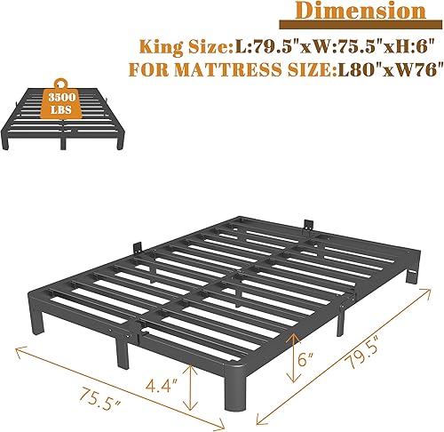Miniatura 2 de Base de cama tamaño King de 6 pulgadas con juntas de metal, marco de cama negro tamaño King no necesita somier, soporte de plataforma de acero