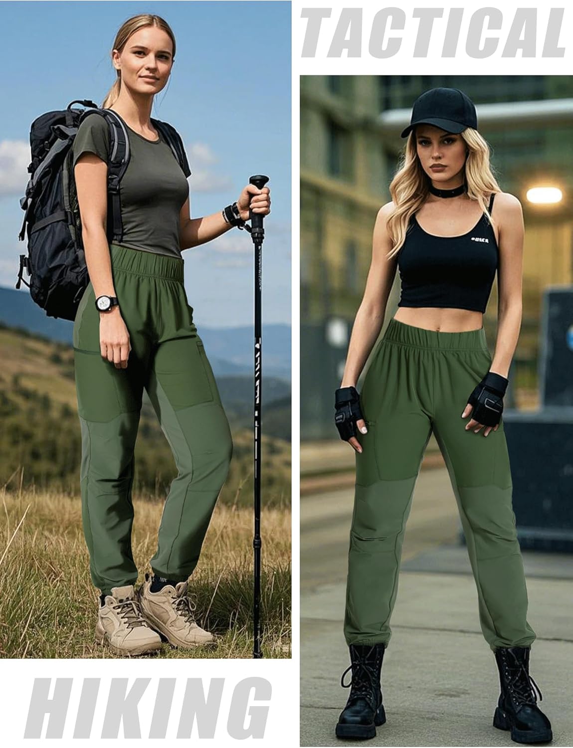 ANGEL CITIZ Women's Hiking Pants Quick Dry Travel Lightweight Waterproof Waist Cargo Pants with Zipper Pockets Casual Outdoor