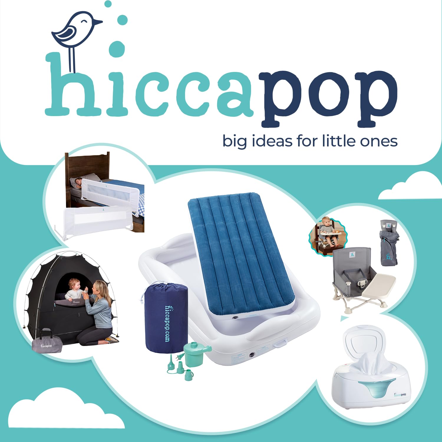 hiccapop Lettino gonfiabile da viaggio con paracolpi di sicurezza [4 lati], lettino portatile per bambini, materasso ad aria per bambini, blu navy