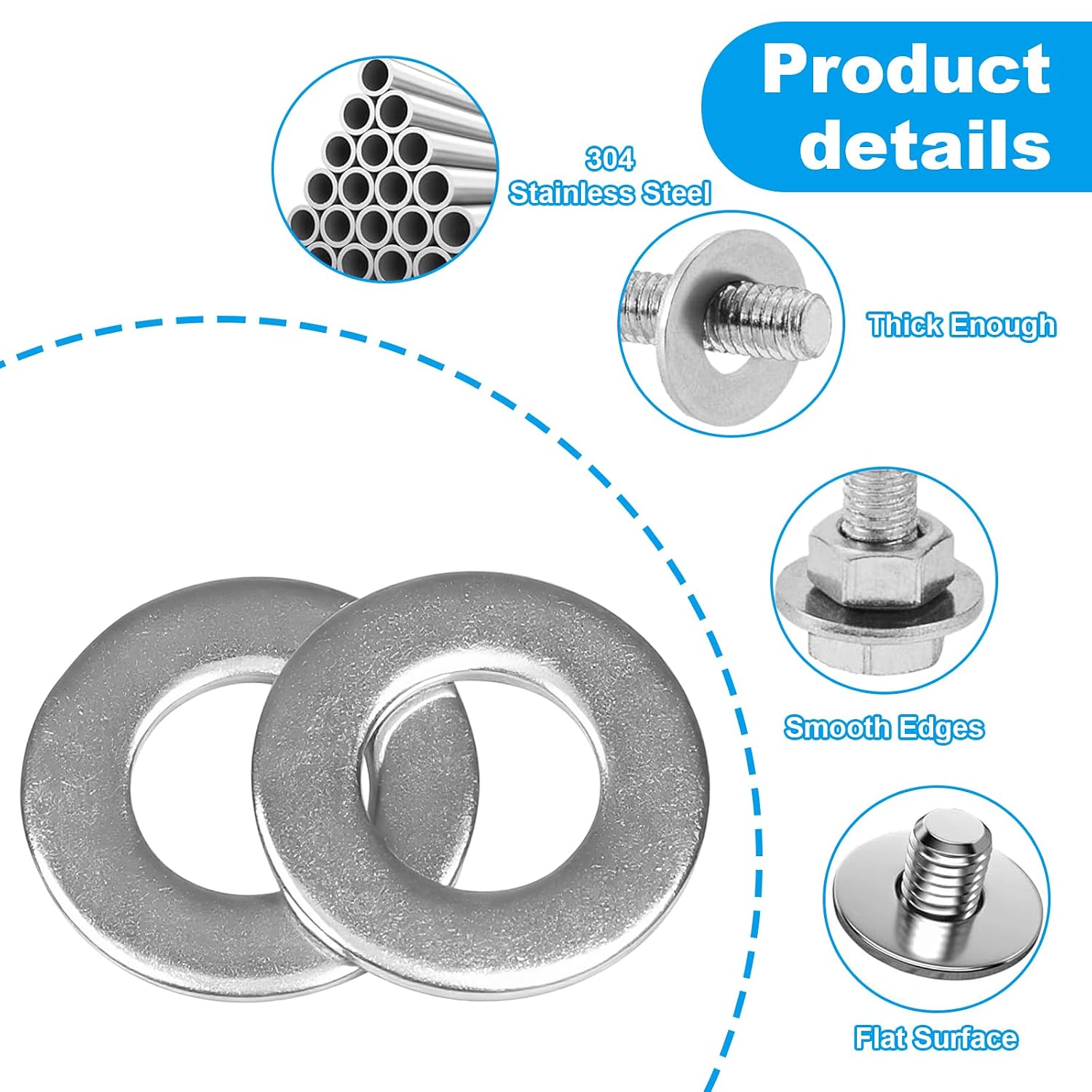 200pcs 8# Flat Washers OD 7/16'', 304 Stainless Steel Washers
