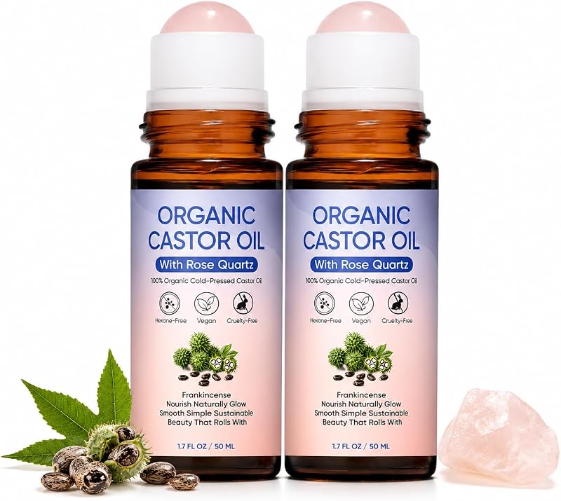 Óleo de rícino PlocoXe com aplicador roll-on e roller de quartzo rosa, Pacote com 2 frascos de 100 mL