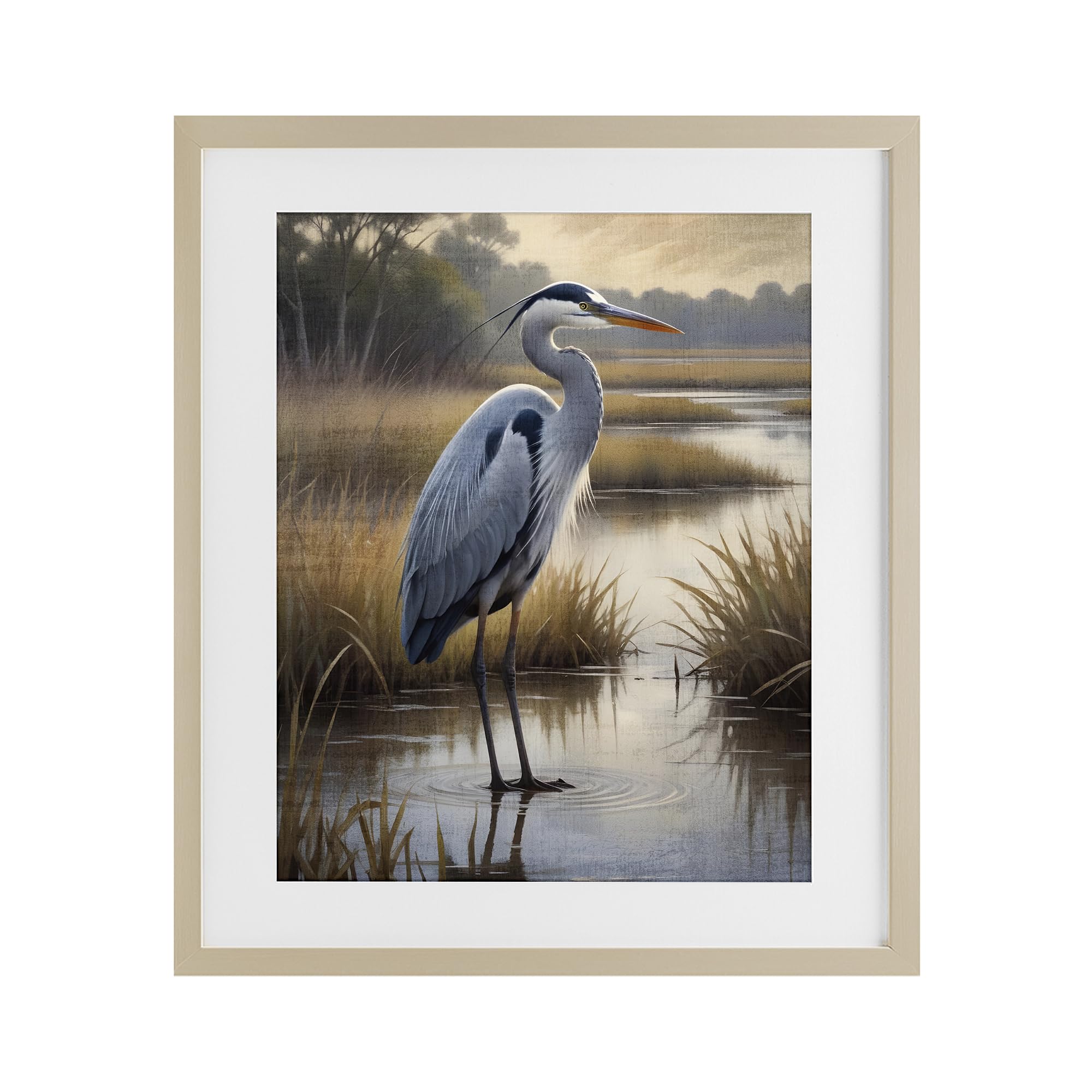 Heron in Serene Marshlands, 17 x 21 Inch Framed Print Under Glass