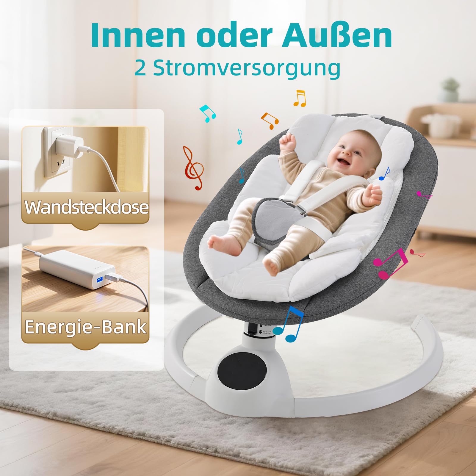 Babywippe Elektrisch Neugeborene bis 9 kg, Klappbar Bluetooth Babyschaukel Elektrisch mit 5 Schwinggeschwindigkeiten, 3-stufigem Timer und Fernbedienung, Tragbar Leicht Wippe Baby Elektronisch (Grau)