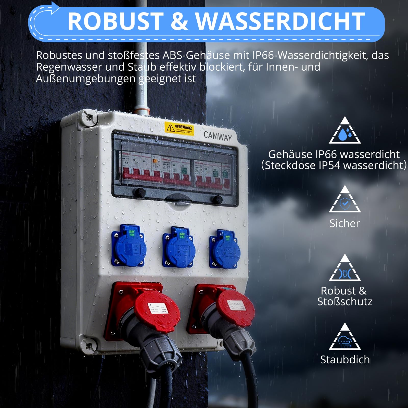 CAMWAY Baustromverteiler, Stromverteiler mit LS+FI, 3x 230V Schuko, 1x 16A/32A CEE- Steckdosen Professionelle Verdrahtung, IP66 Wasserdicht, Robuste ABS Verteiler für Innen & Außen Baustellen Garagen