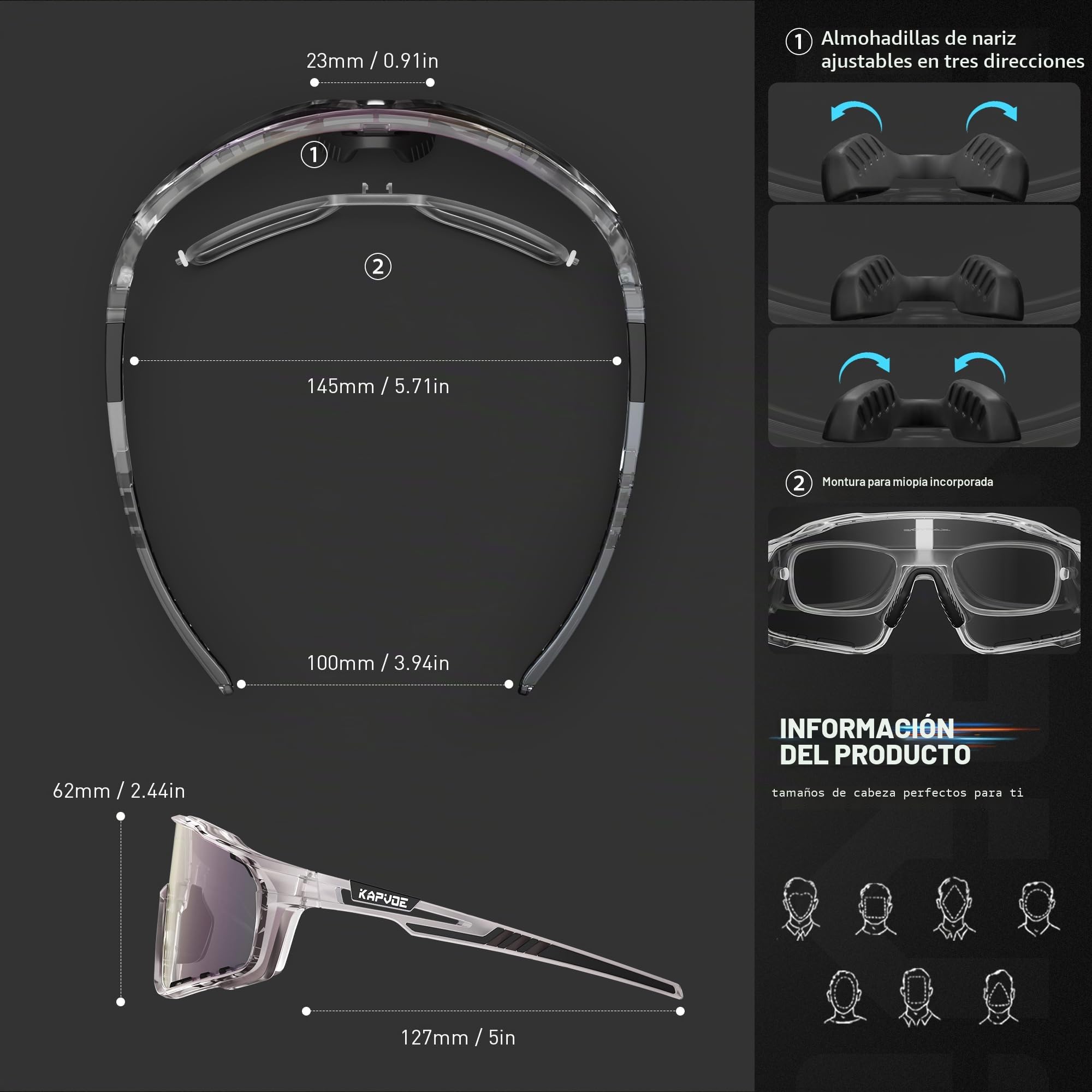 KAPVOE Gafas Ciclismo Fotocromáticas Lente y Montura UV400 Color Rosa K76 | Lente & montura fotocromáticas, lente transparente a rosa CAT.1-CAT.2, UV400, almohadilla regulable