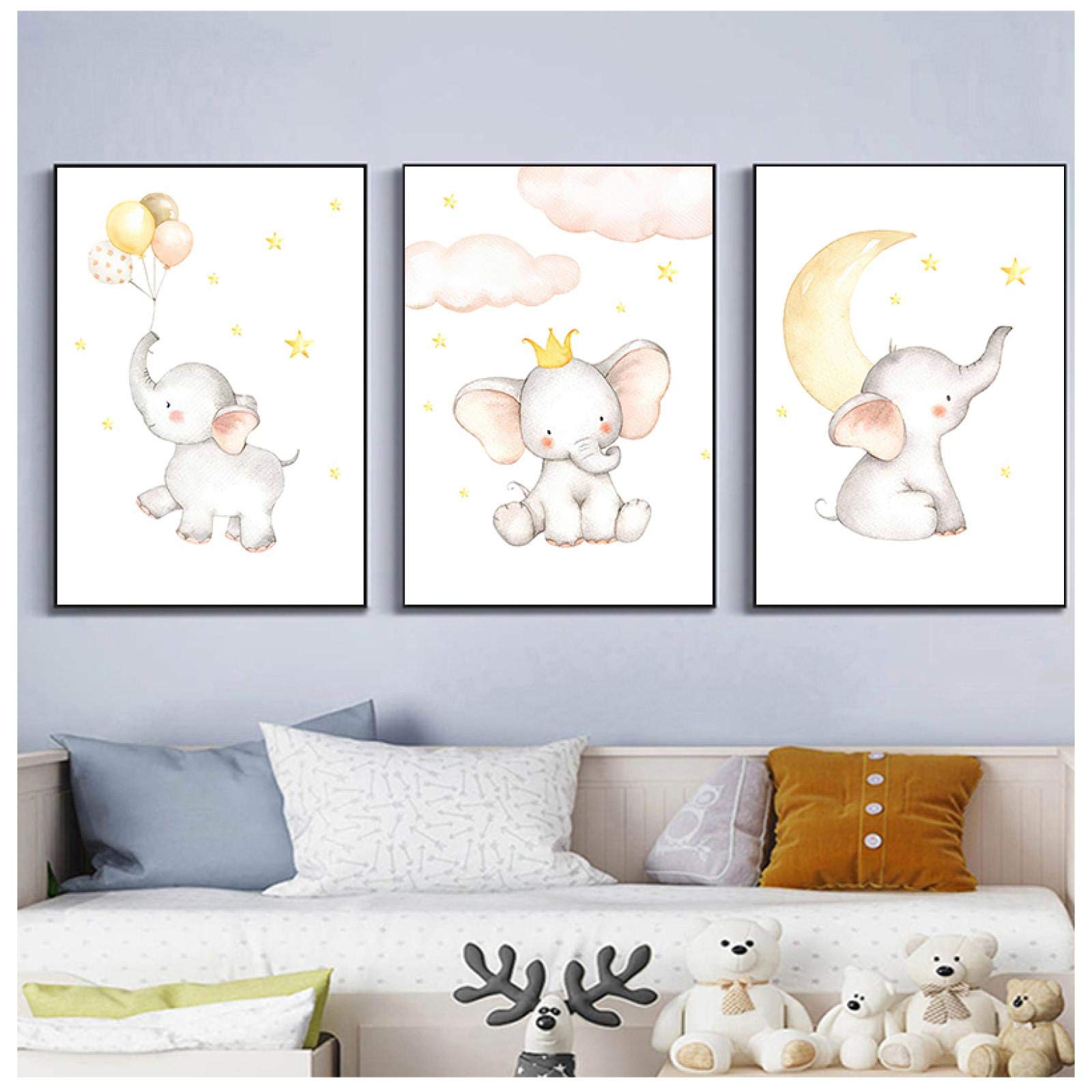 Impresión de lienzo elefante luna estrella bebé animal cartel de guardería niño simple arte de pared pintura niños habitación decoración imagen 70x90cm (28x35in) x3 sin marco