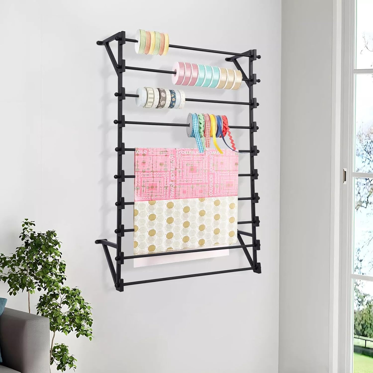 for Wall Mounted Display Rack, 10-Layer Wall Wrapping Paper Ribbon Organizer Black