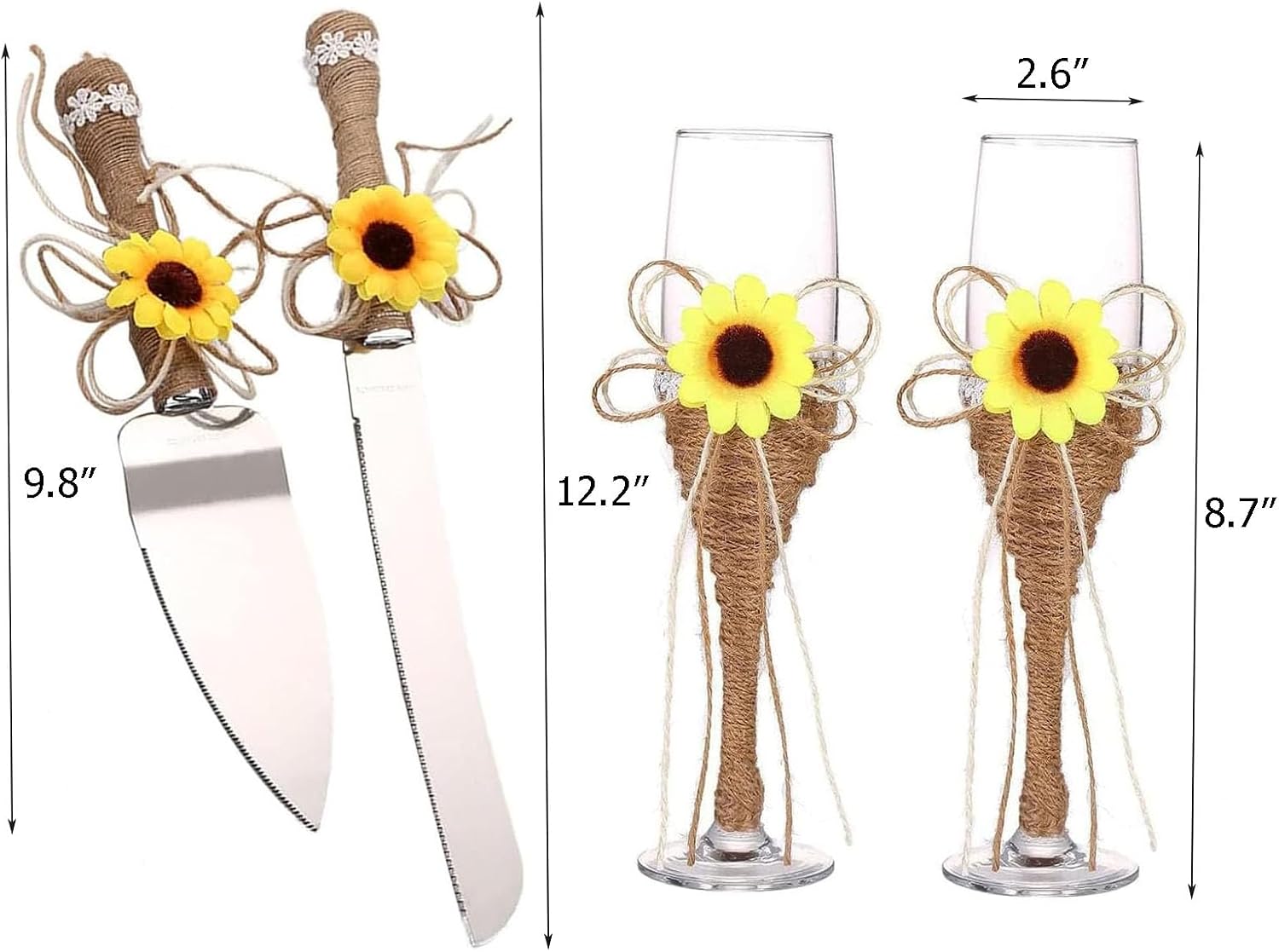 TANG SONG Cake Knife and Server with Champagne Glasses Sets Resin Plastic Handle with with Sunflower Burlap Lace Design