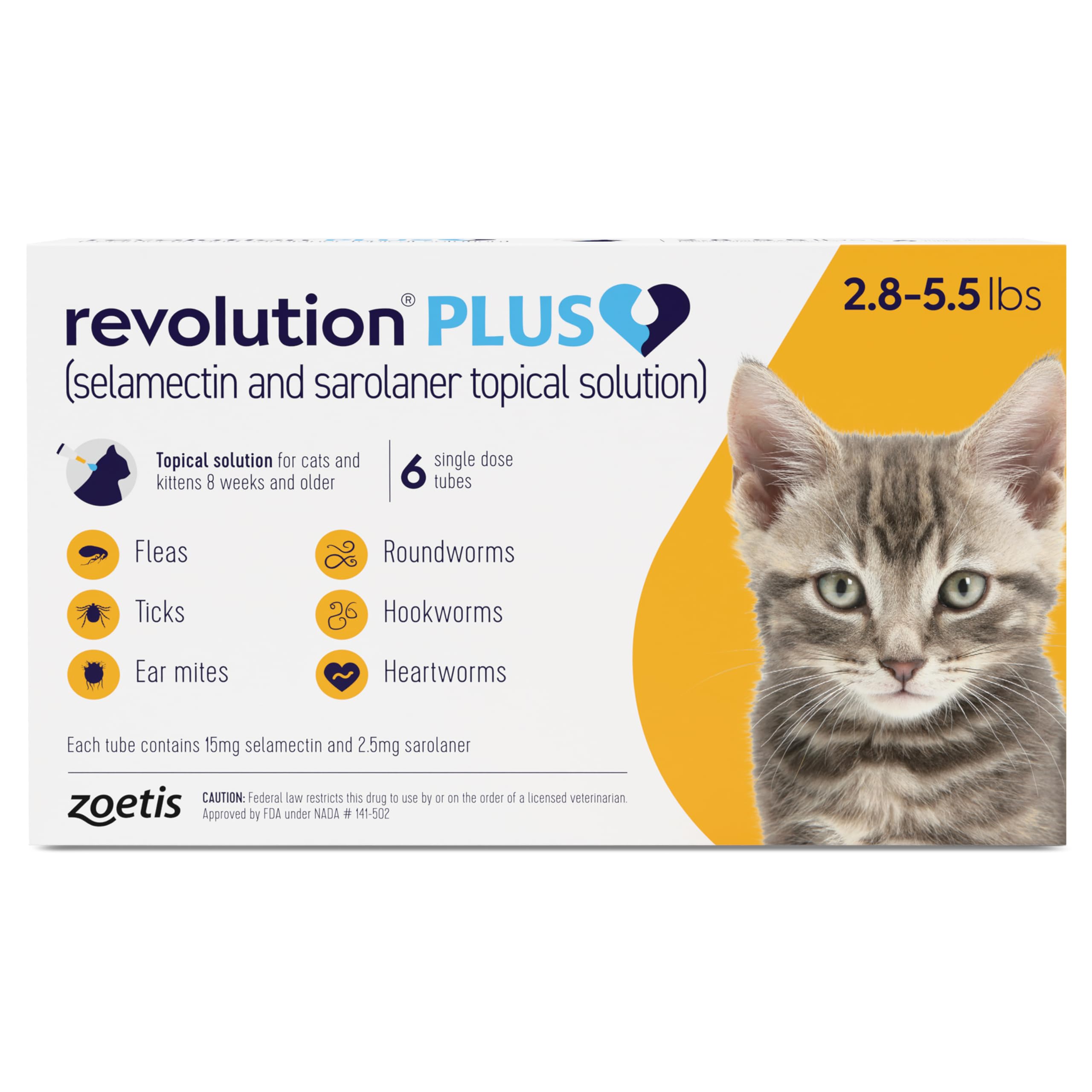 Revolution Plus (selamectin and sarolaner Topical Solution) for Cats, 2.8-5.5 lbs (Gold), 6 Tubes