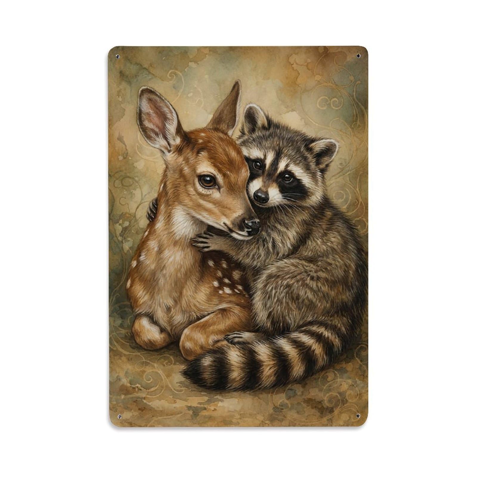 Vintage Animal Cute Fawn & Raccoon Animal Friendship Metal Tin Sign