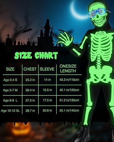 Miniatura 4 de Disfraz de esqueleto de Halloween, overol de huesos que brilla en la oscuridad con máscara y guantes para edades de 3 a 12 años (negro)