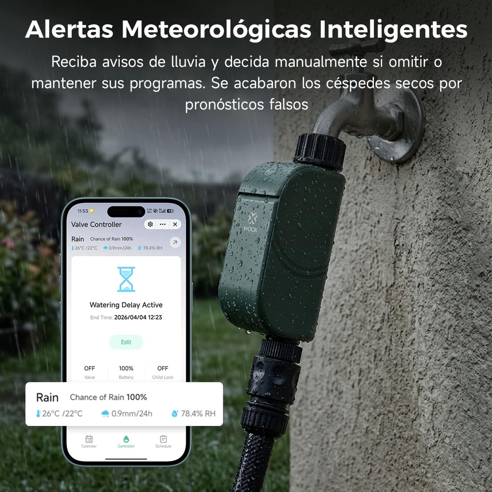 Woox Programador de Riego WiFi Inteligente, Sin Hub Requerido | 8 Programas de Riego, Wi-Fi 2,4 GHz, control vía app, Alexa/Google Assistant, IP65, Retardo por lluvia, Riego manual.