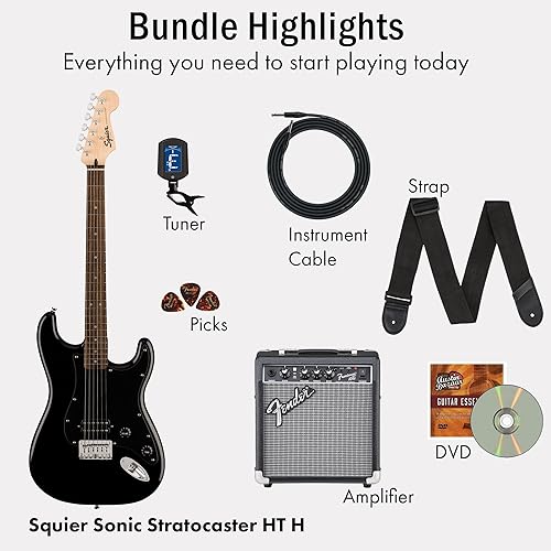 Vista 31 de Fender Squier Sonic Stratocaster HSS - Paquete negro con amplificador, sintonizador, correa, cable, púas y DVD de guitarra Austin Bazaar