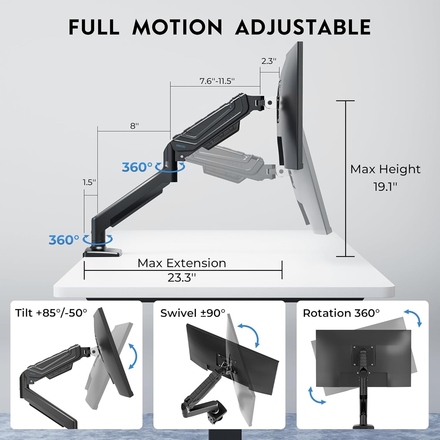 Diagram showing the full motion adjustable features of the monitor arm, including max height 19.1 inches, max extension 23.3 inches, tilt +85/-50 degrees, swivel +/-90 degrees, and 360-degree rotation.