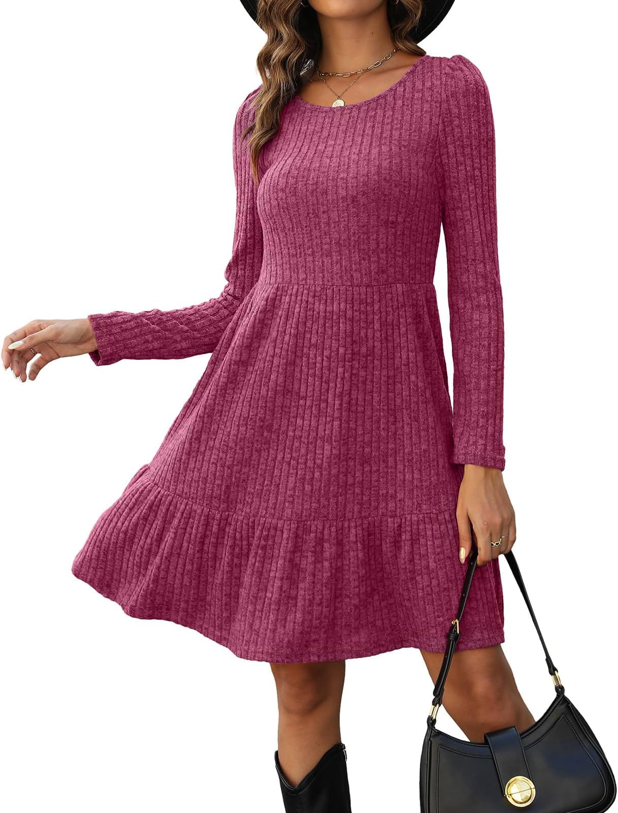 Zetieny Vestito Casual Donna Abito in Maglia a Maniche Lunghe con Scollo Rotondo Pullover Tinta Unita Autunno e Inverno