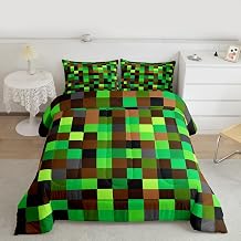 Green Brown Blocks Comforter Set Queen Size,Pixelated Grid Bedding Sets 3Pcs for Kids Girls Boys Women Room Decor,Miners Gaming Quilted Duvet Build Sandbox Theme Down Comforter,2 Pillowcases